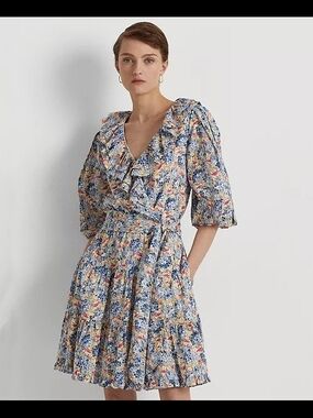 Ralph Lauren Blue Multi Floral Ruffle Wrap Mini Dress Size 12